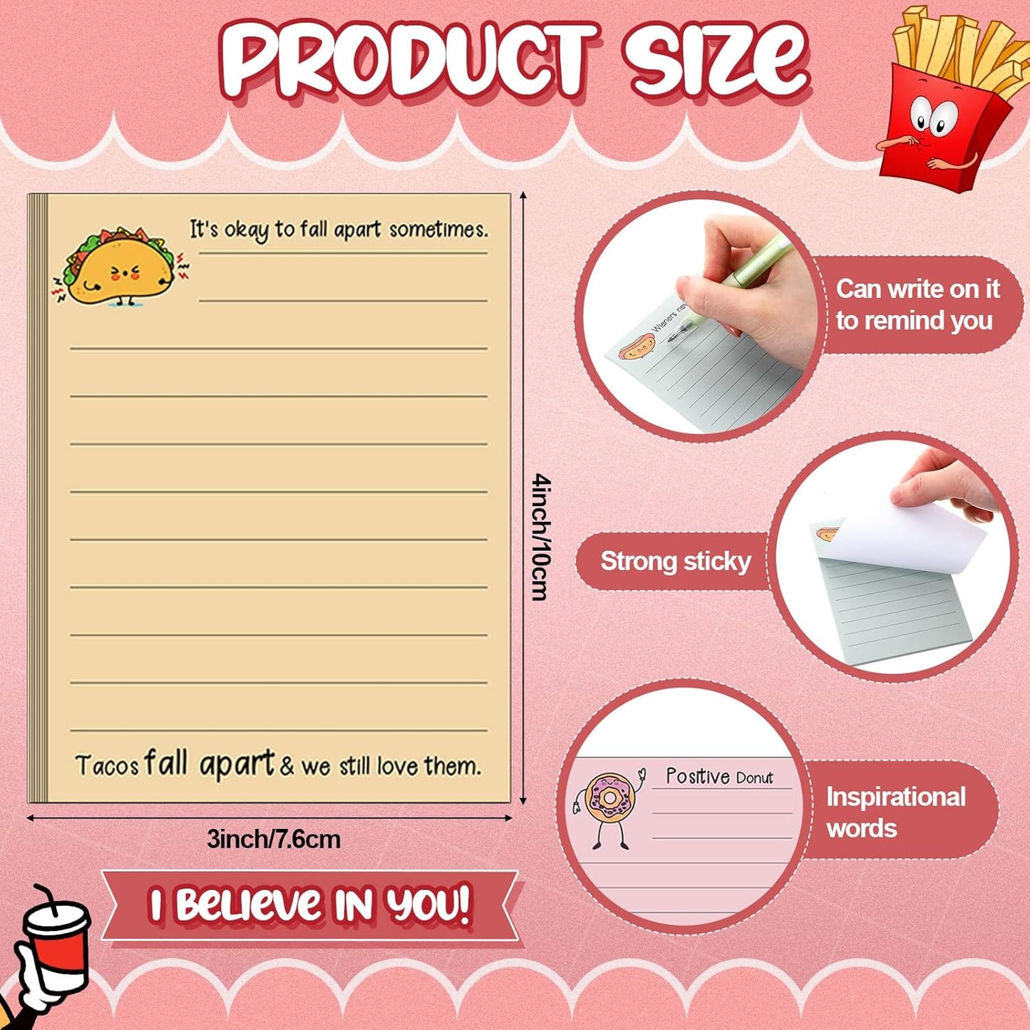 AmazingSpark 12 Pcs Cute Inspirational Sticky Notes, 4*3 Motivational Notepads Positive Emotional Support Gift Funny Lined Memo Note Pads for Office Desk Supplies Coworker Employee(Fruits,Vegetables)