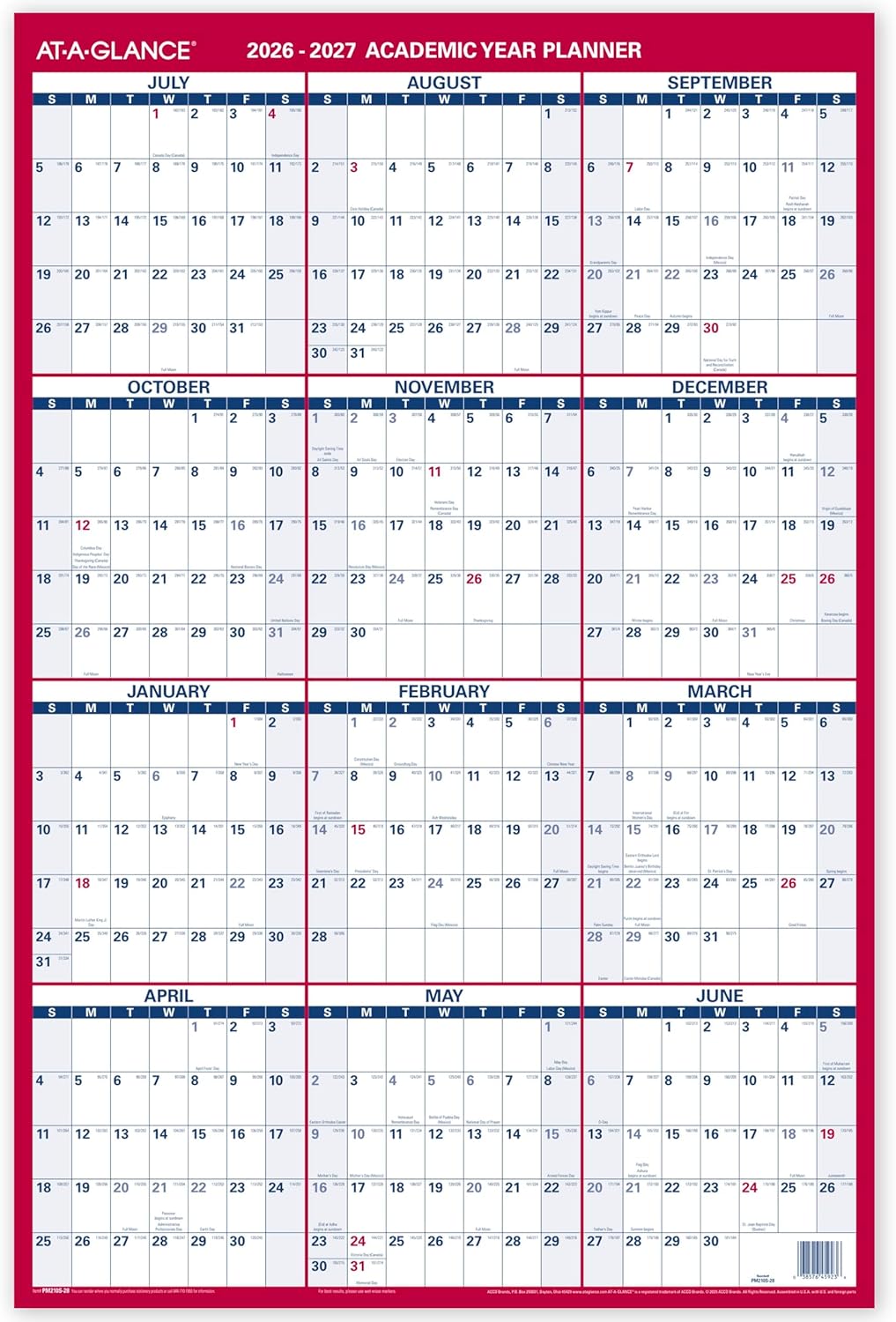 AT-A-GLANCE Dry Erase Calendar 2026-2027 Academic & Regular Year Wall Planner, 12-Month, 24" x 36", Double Sided, Vertical (PM210S28)