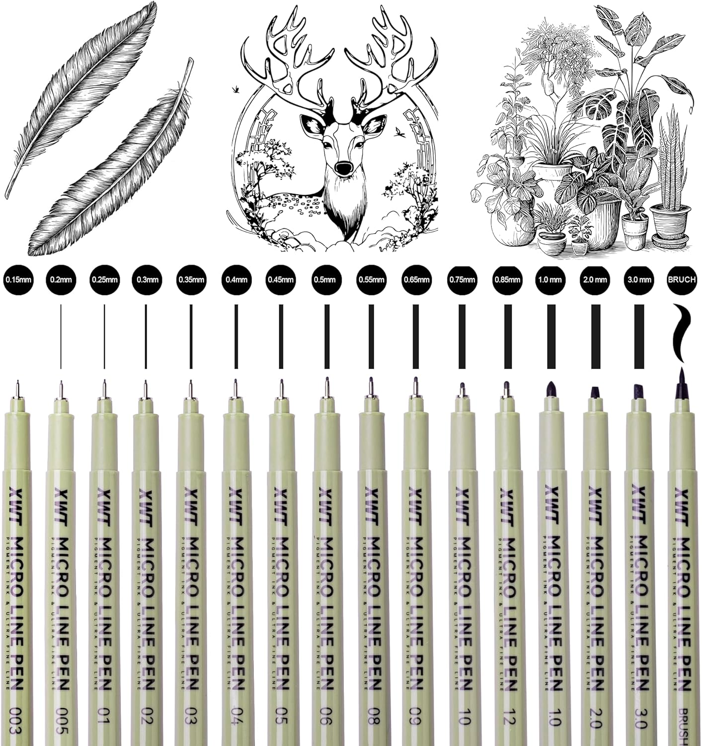 12+1 Fineliner Drawing Art Pens, Black Waterproof Pigment Ink Set for Artists, Sketching, Manga, Watercolor, Calligraphy, and Detail Outlining Archival Quality Inking Markers