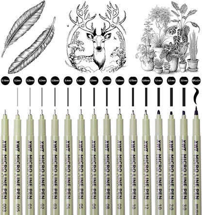 12+1 Fineliner Drawing Art Pens, Black Waterproof Pigment Ink Set for Artists, Sketching, Manga, Watercolor, Calligraphy, and Detail Outlining Archival Quality Inking Markers