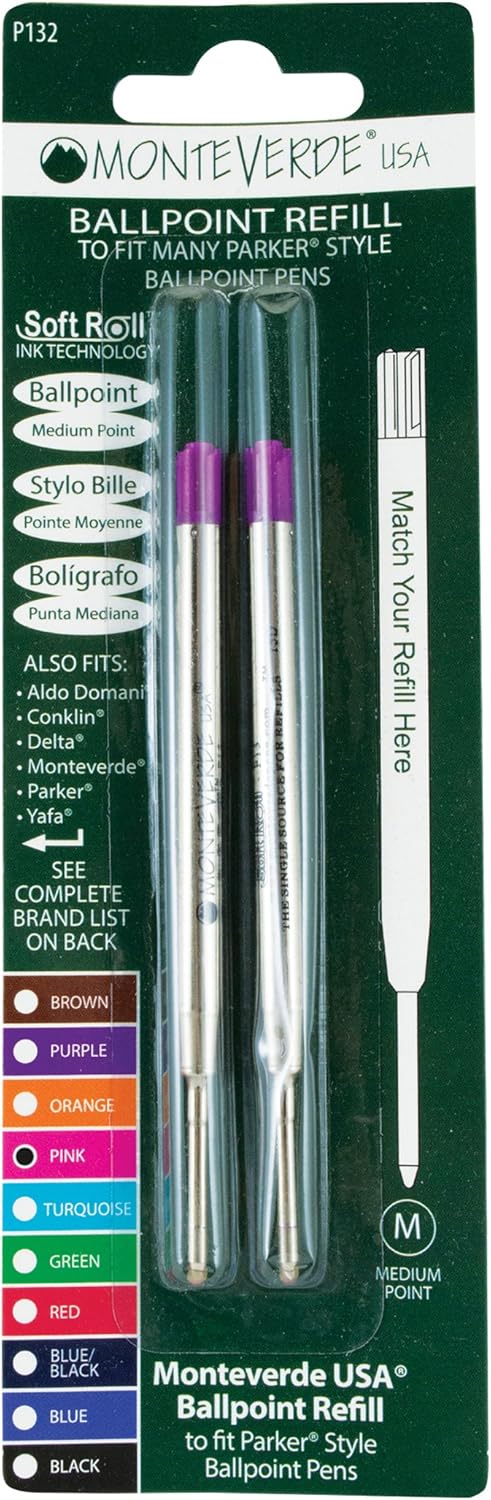 Monteverde Soft Roll Ballpoint Pen Refills to Fit Parker-Style Pens, Medium Point, Brown, 2-Pack, Smooth Writing Technology for Parker, Conklin, Schmidt, and More
