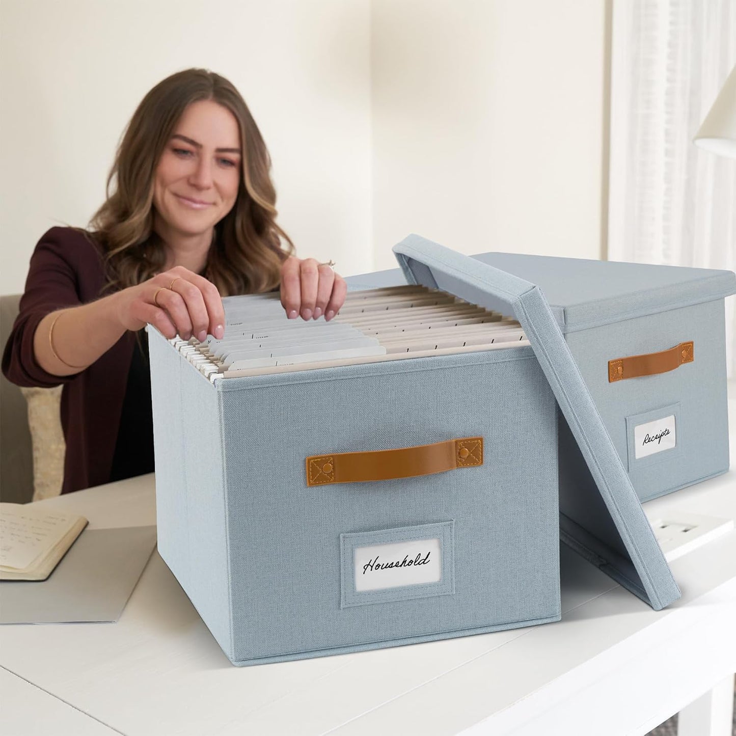 ZICOTO Decorative File Organizer Box Set of 2 - Collapsible Linen Filing Cabinets with Handles Are Perfect to Store All Your Documents & Hanging File Folders - Portable Easy Slide Crates with Lid