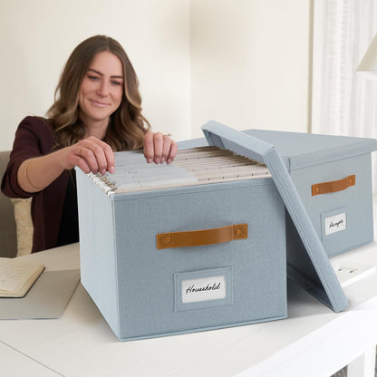 ZICOTO Decorative File Organizer Box Set of 2 - Collapsible Linen Filing Cabinets with Handles Are Perfect to Store All Your Documents & Hanging File Folders - Portable Easy Slide Crates with Lid
