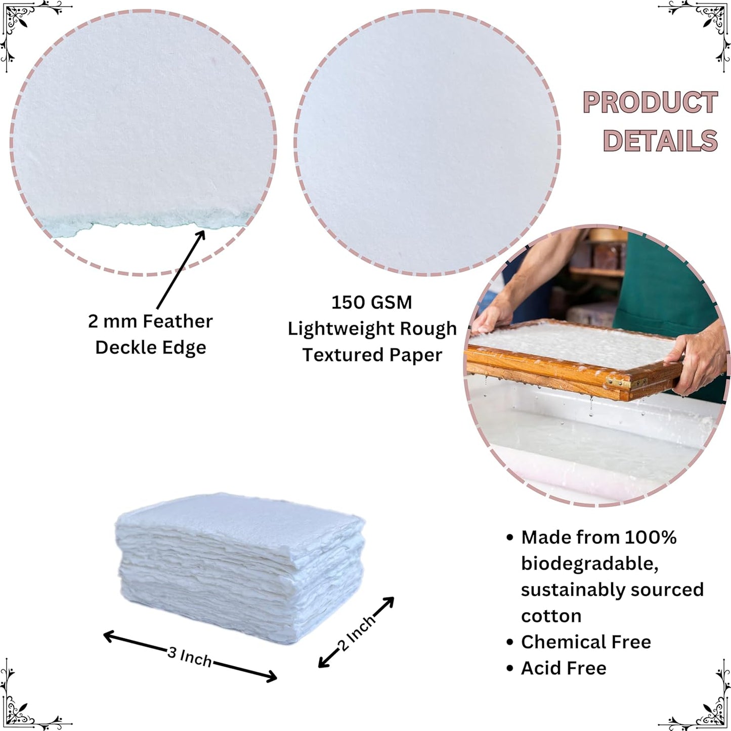 Handmade Cotton Paper with Deckle Edge Recycled Cotton Rag Mixed Media Card Stock for Postcards, Invitations, Crafts and Announcements (150gsm, 4x6 inch "A6", 50 Pack)