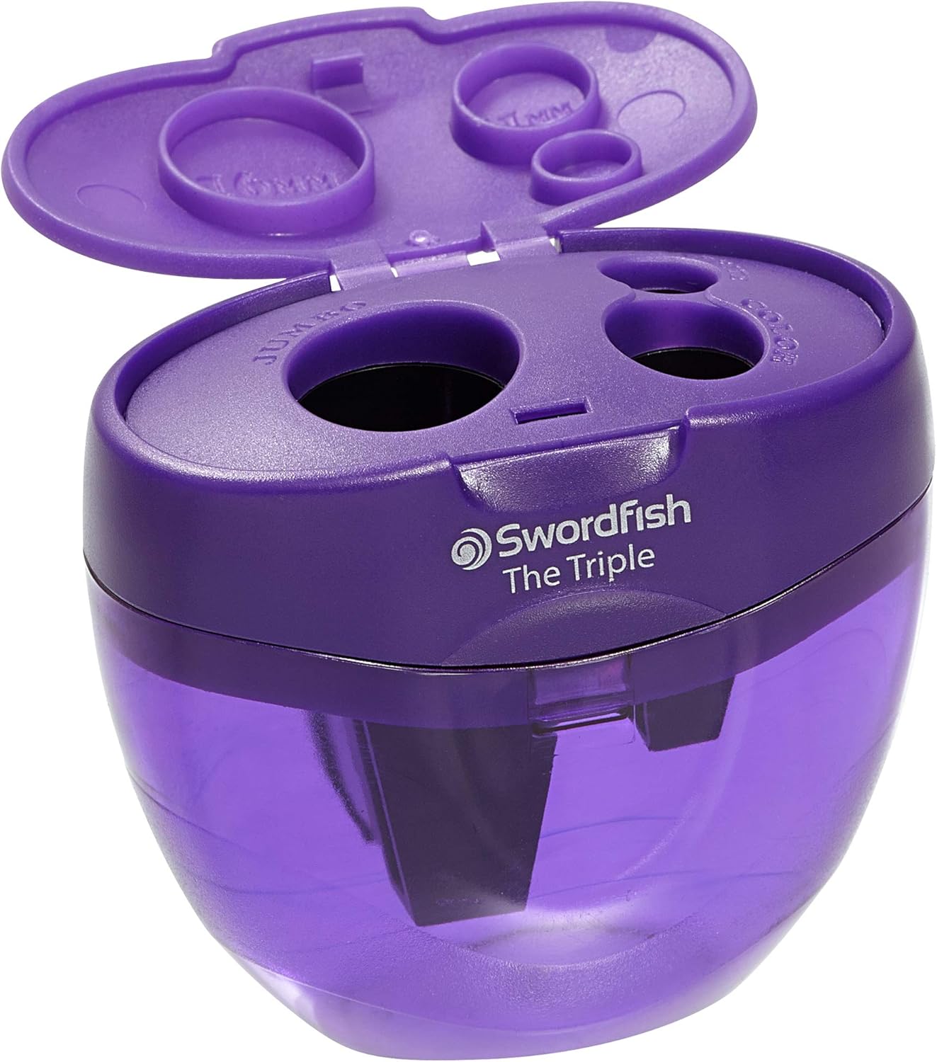 Swordfish ‘The Triple’ Three Hole Pencil Sharpener with Mess-Free Canister [Pack of 1] 8-16 mm [40228s], Purple