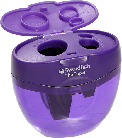 Swordfish ‘The Triple’ Three Hole Pencil Sharpener with Mess-Free Canister [Pack of 1] 8-16 mm [40228s], Purple