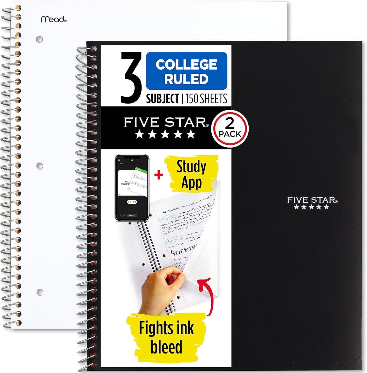 Five Star Spiral Notebook + Study App, 2 Pack, 3 Subject, College Ruled Paper, 8-1/2" x 11", 150 Sheets, Fights Ink Bleed, Water Resistant Cover, Black, Green (820191)