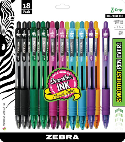 Zebra Pen Z-Grip Retractable Ballpoint Pen, Smooth-Flowing Black Ink, 1.0mm Medium Point, School & Office Supplies, Ideal for Note-Taking, Journal and Planner Use, 18-Pack (22218)