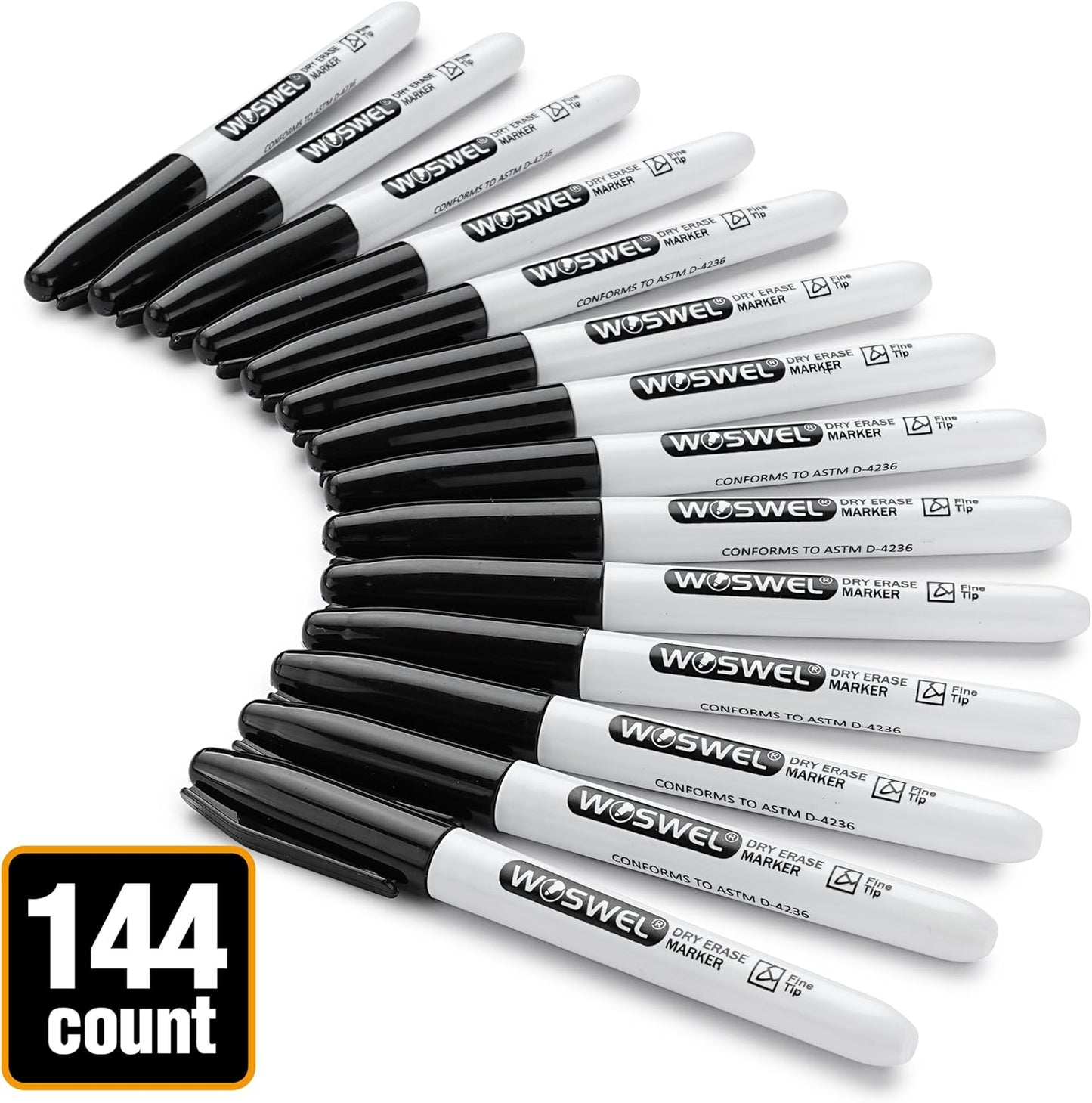 WOSWEL Dry Erase Markers Bulk, 144 Pack Black Fine Tip Whiteboard Markers, Fine Point, Low Odor Dry Erase Markers for School Office Home