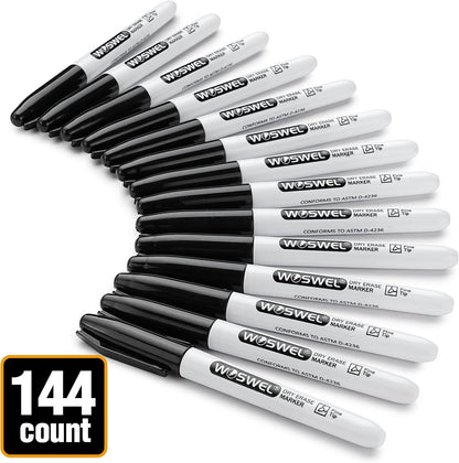 WOSWEL Dry Erase Markers Bulk, 144 Pack Black Fine Tip Whiteboard Markers, Fine Point, Low Odor Dry Erase Markers for School Office Home