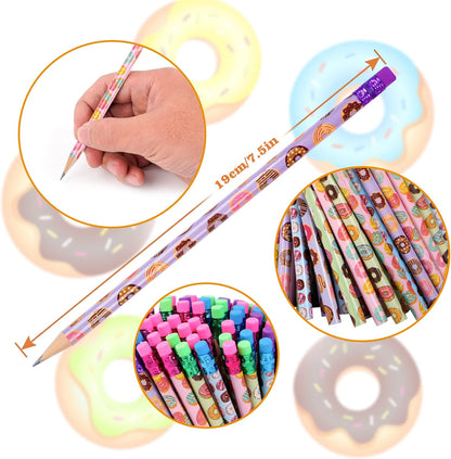 200 Pieces Donut Themed Pencils Cylinder Wood Pencils with Various Donut Element 4 Style Assorted Students Pencils Girls Birthday Present Party Supplies Student Carnival Prize School Office Supply