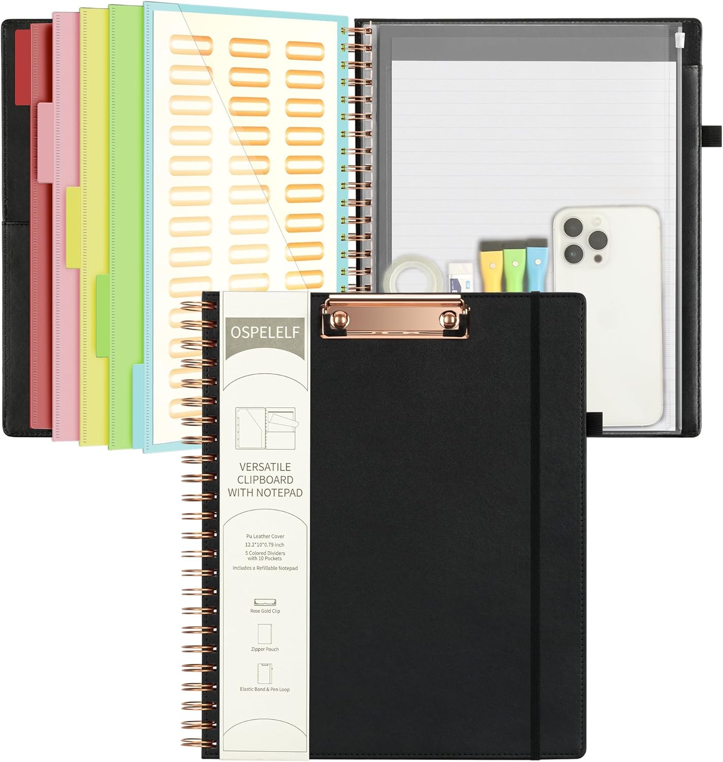 Ospelelf Leather Clipboard Folio with Notepad for Letter Size, Spiral Clipboard Folder with Storage Zipper Pouch, 5 Folders with 10 Pockets, 39 Divider Label Stickers, Pen Loop Series (Green)