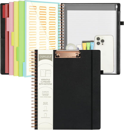 Ospelelf Leather Clipboard Folio with Notepad for Letter Size, Spiral Clipboard Folder with Storage Zipper Pouch, 5 Folders with 10 Pockets, 39 Divider Label Stickers, Pen Loop Series (Green)