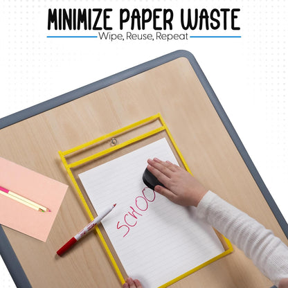 Essex Wares - 6 Pack, Assorted, Dry Erase Pocket Document Protectors, 10" Wide x 13.5" Tall- Dry Erase Clear Plastic Sleeves - Reusable & Easy Erase Plastic Invoice Holders, Water-Resistant & Durable