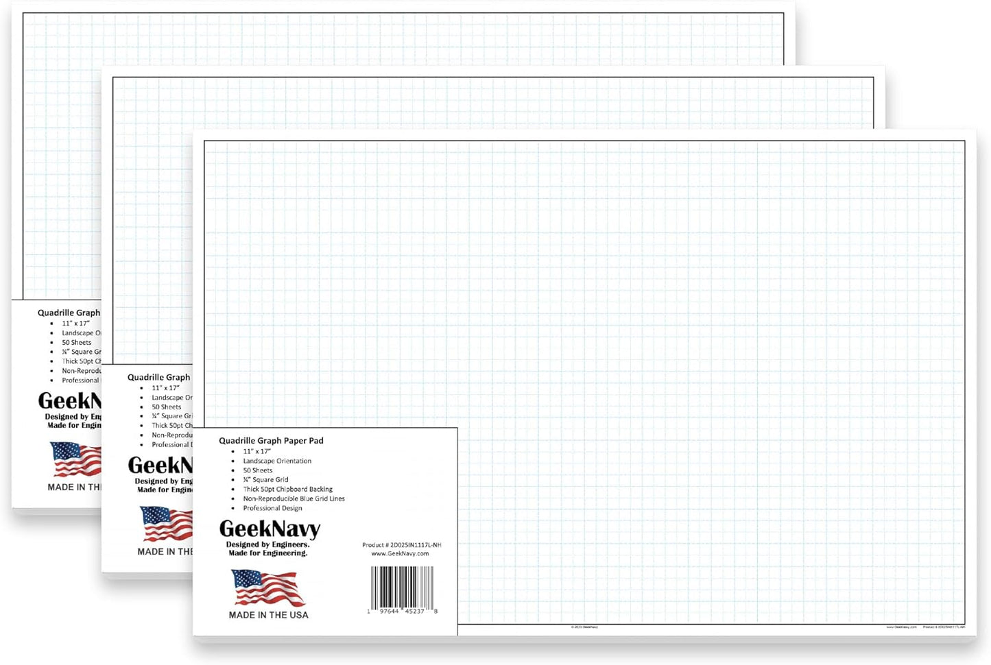 GeekNavy 11" x 17" Quadrille Graph Paper 50 Sheets Landscape - 0.25" 4x4 Square Grid, Blueprint, High Brightness, Border-Outlined, Large Drafting (1-Pack)