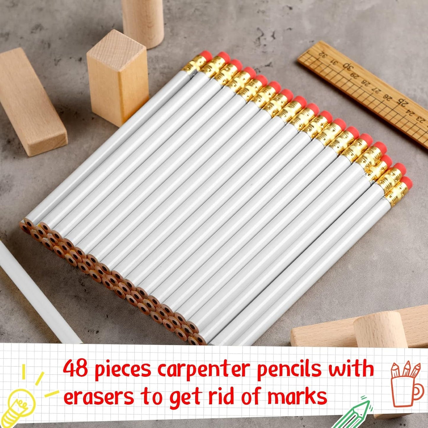 Fainne 48 Pcs Jumbo Pencil, Wooden Pencil with Black Core for Carpenters Construction Workers Woodworkers Framers Beginners Students Teachers DIY Project(Yellow,Round)