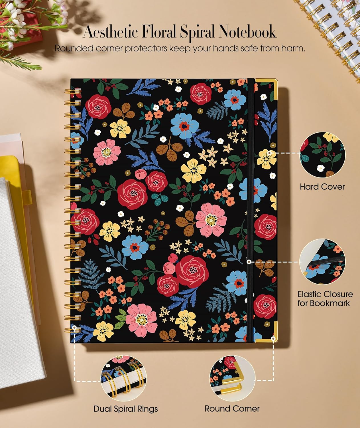 Cute Spiral Notebook Journal for Women, 200 Pages Lined Notebooks 8.5” x 11”, A4 Large Hardcover Spiral Journals with 100 GSM Thick Paper, College Ruled Notebook for Writing Work School, Orange Floral