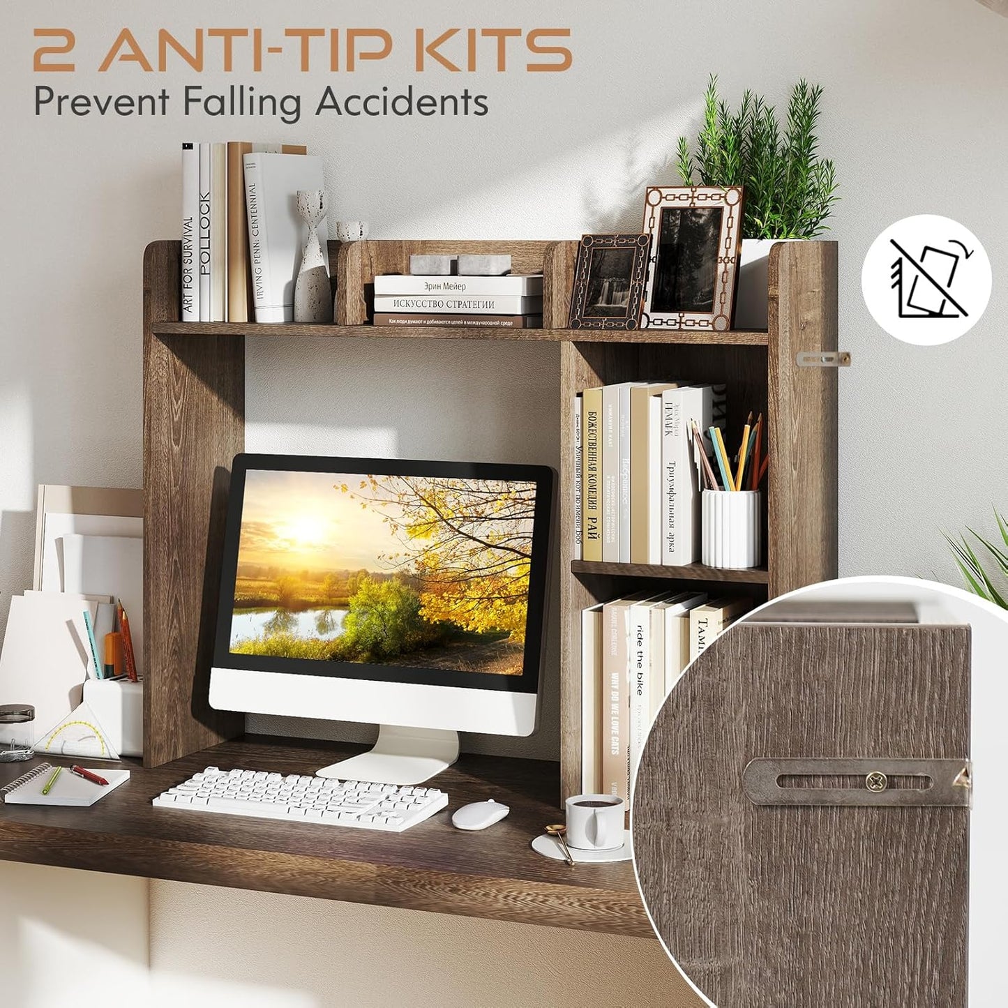 Tangkula Desktop Bookshelf, Countertop Storage Hutch with 5 Shelves for Computer Desk, Desk 3-Tier Display Rack, Multipurpose Wood Desktop Hutch Storage Organizer for Dorm Office Home