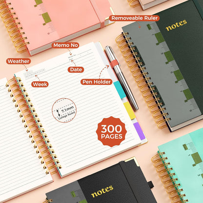 Line Hardcover Spiral Notebook with Removable Dividers Tabs & Ruler, 5 Subject Notebook College Ruled, 300 Page, Large 8"x10" B5 Notebooks for Work School, Lined Journal for Women & Men, Purple