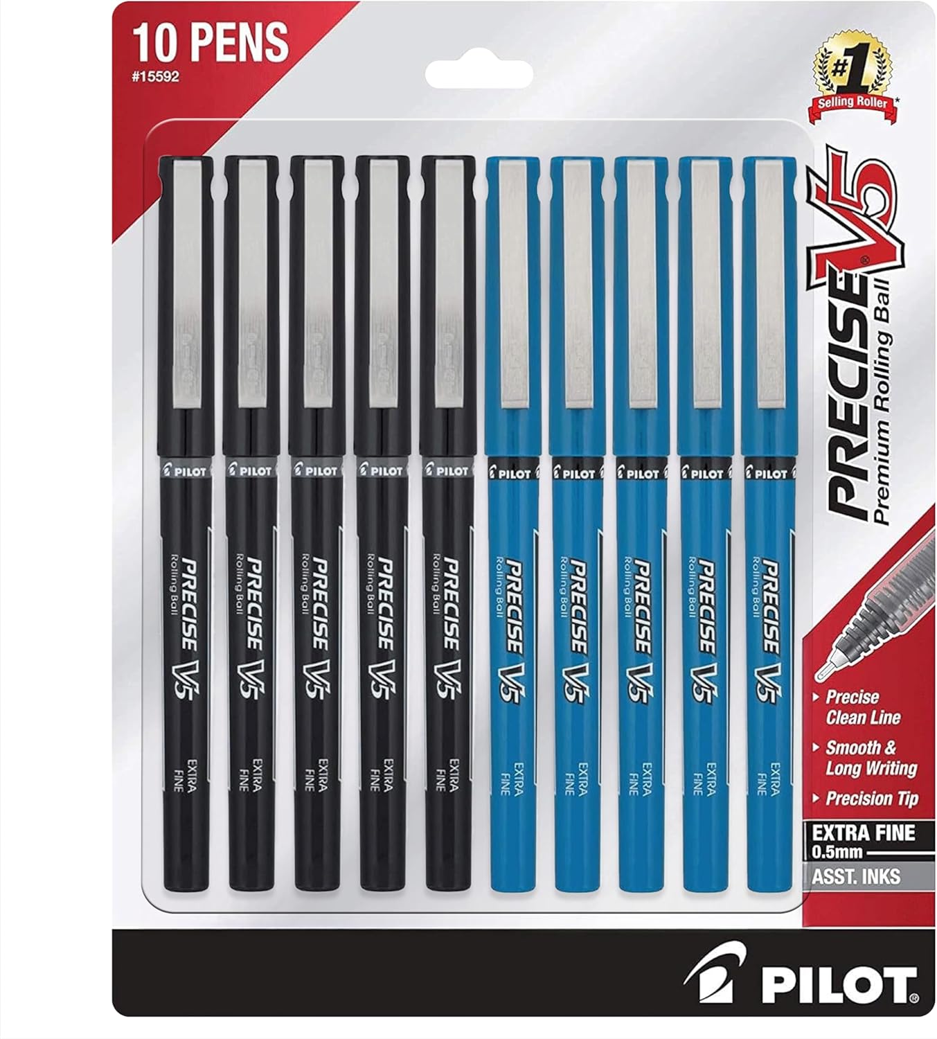 PILOT Precise V5 Rolling Ball Pen Extra Fine Point 0.5mm, 5 Black and 5 Blue Liquid Ink Rollerball Pens. pack of 10