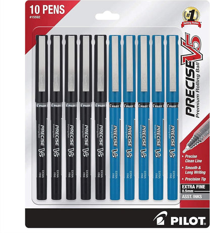 PILOT Precise V5 Rolling Ball Pen Extra Fine Point 0.5mm, 5 Black and 5 Blue Liquid Ink Rollerball Pens. pack of 10