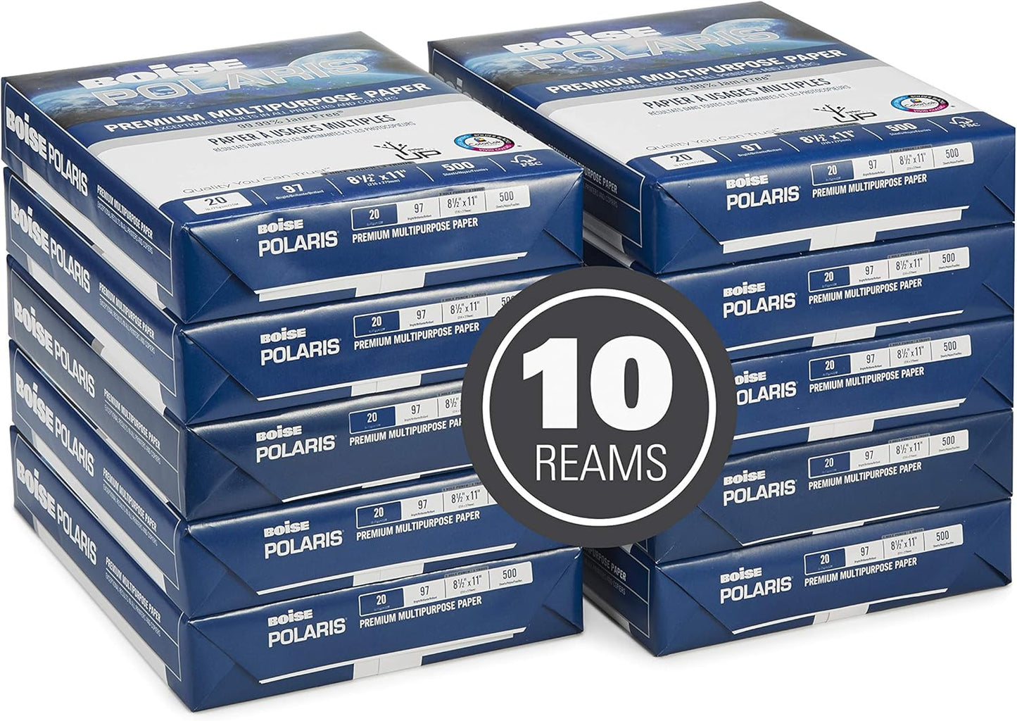 Boise Paper Premium Multipurpose Copy Paper | 8.5" x 11" Letter | 97 Bright White, 24 lb. | 10 Ream Carton (5,000 Sheets)