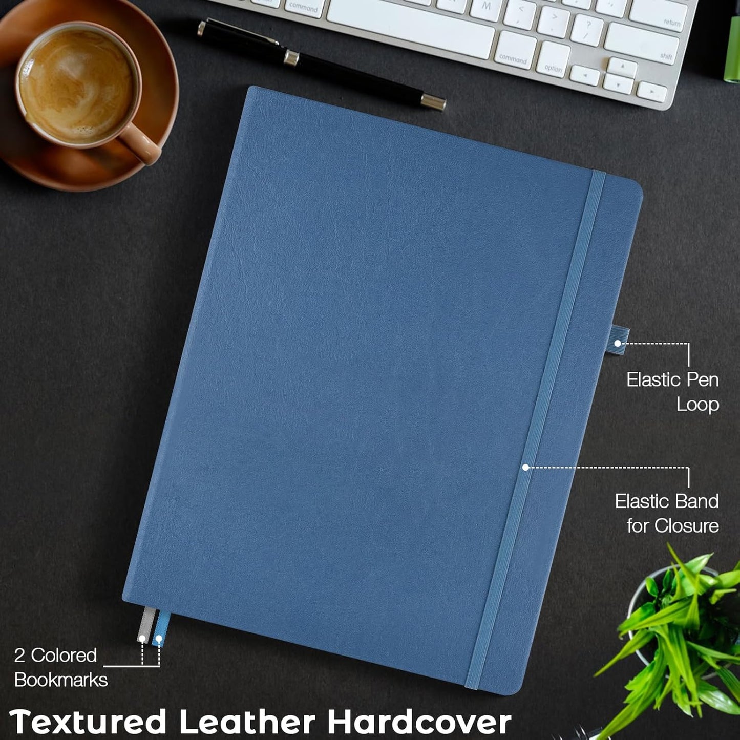College Ruled Notebook, A4 Hardcover Leather Notebook for Work, Lined Notebook Journal for Women, Men, 192 Thick Paper, Lay Flat, Large Notebook with 2 Pockets, Professional Business Notebook, Black