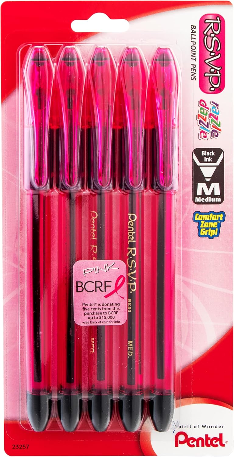 Pentel RSVP Razzle-Dazzle Ballpoint Pen, (1.0mm) Medium Line, Black Ink, Pack of 5 (BK91RDBP5M)