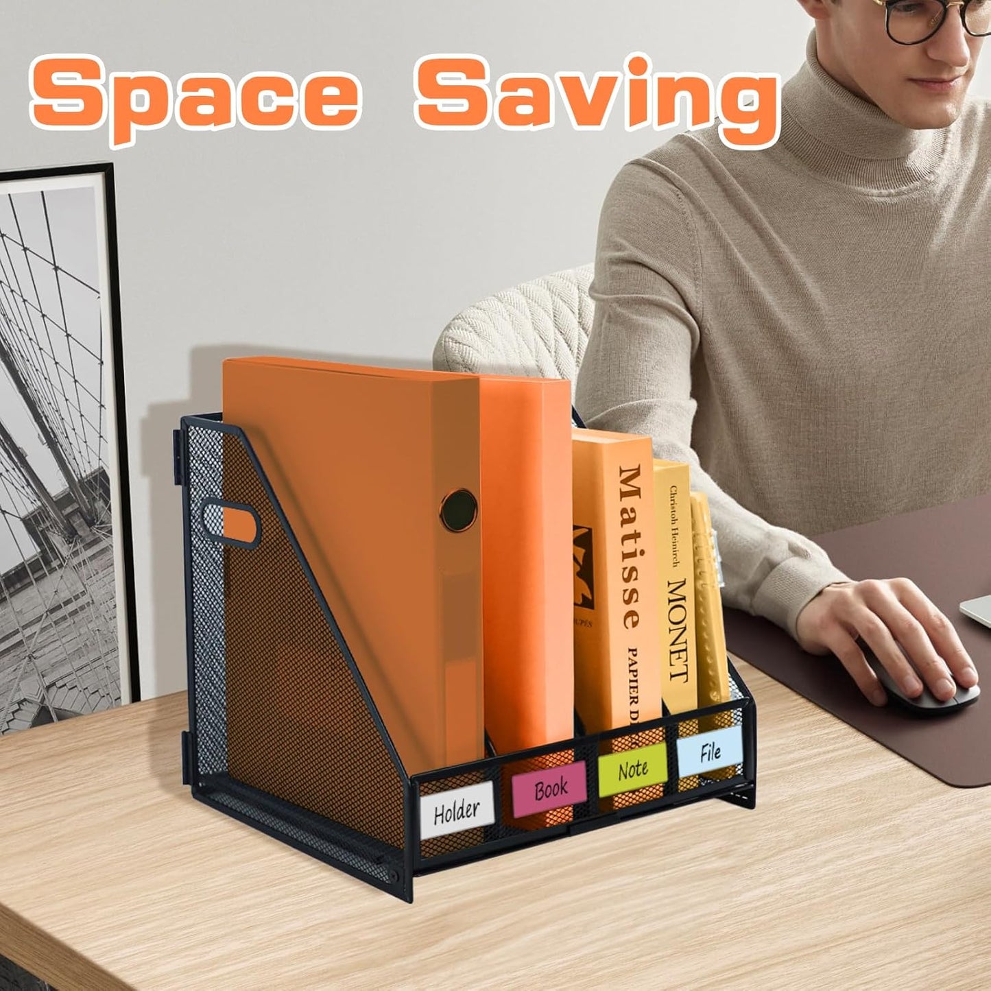 Magazine file holder for desk with 5 Vertical Compartments Folder Storage Binder Organizer for Office Home School Organization, Black