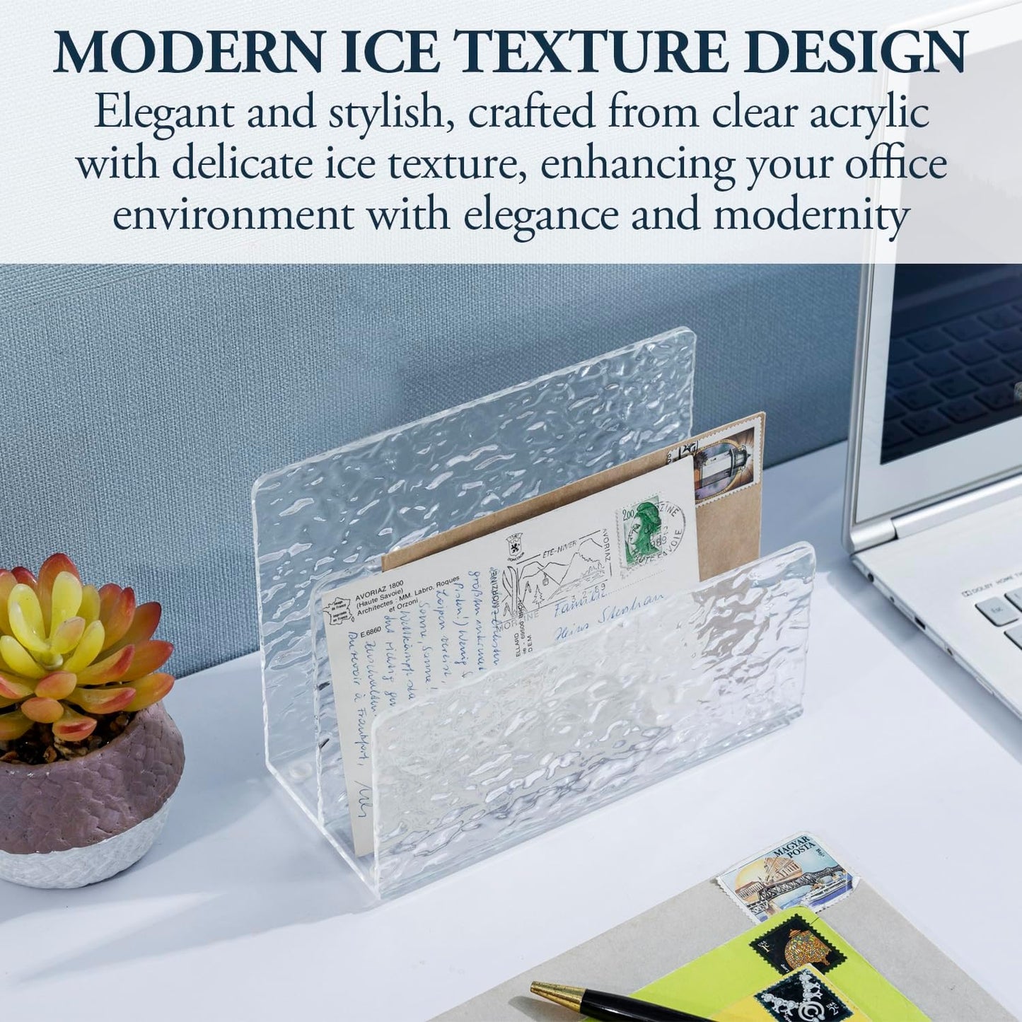 MyGift 2 Slot Modern Ripple Texture Premium Clear Acrylic Desktop Mail Holder Letter Sorter, Transparent Office Desk Paper File Divider Vertical Storage Rack