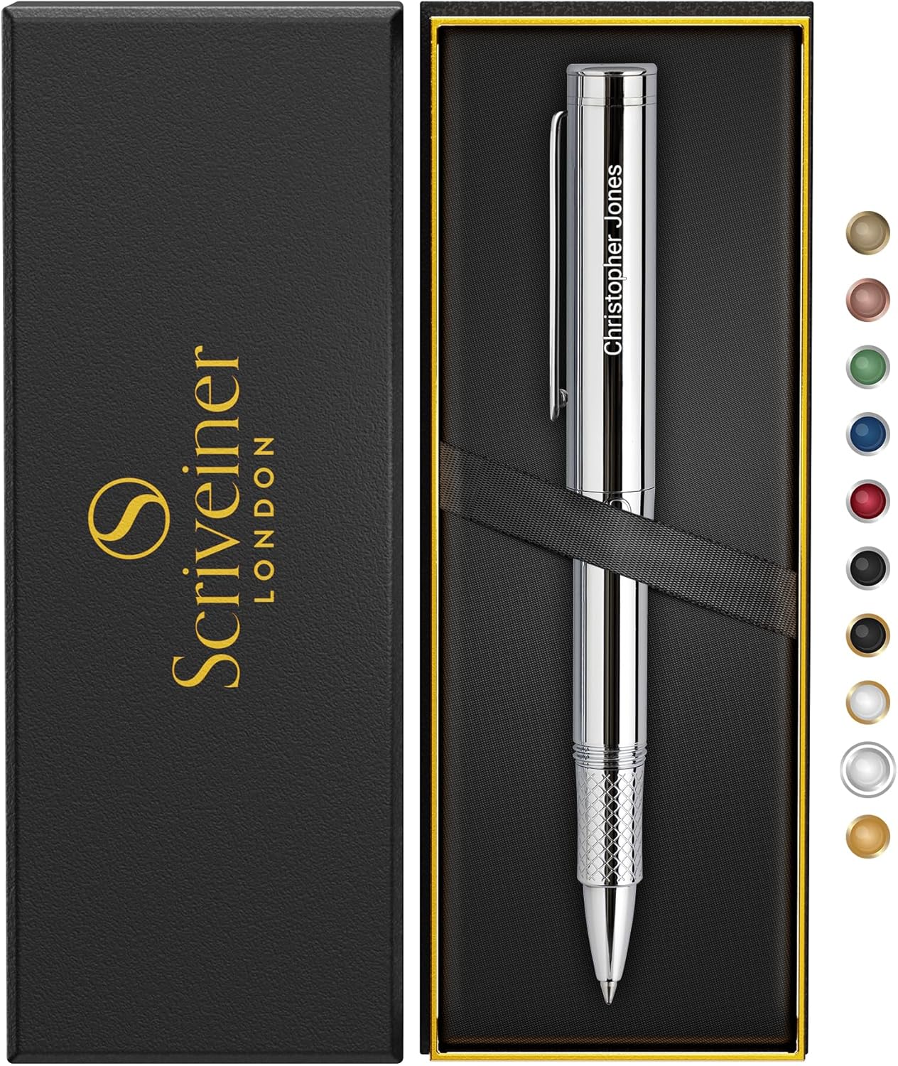 Scriveiner Black Rollerball EDC Luxury Pen, Stunning Pocket Pen with Chrome Finish, Cool Writing, Best Gift for Men & Women, German Schmidt Refill, Nice Present, Fancy Office Designer Set