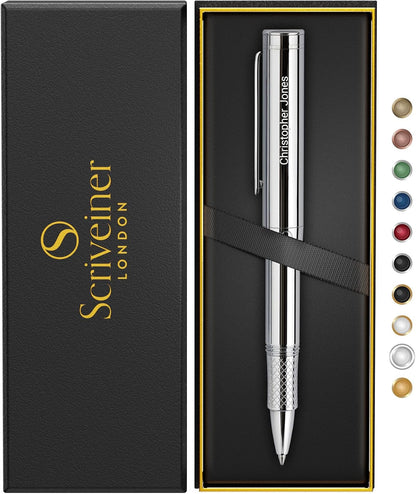 Scriveiner Black Rollerball EDC Luxury Pen, Stunning Pocket Pen with Chrome Finish, Cool Writing, Best Gift for Men & Women, German Schmidt Refill, Nice Present, Fancy Office Designer Set