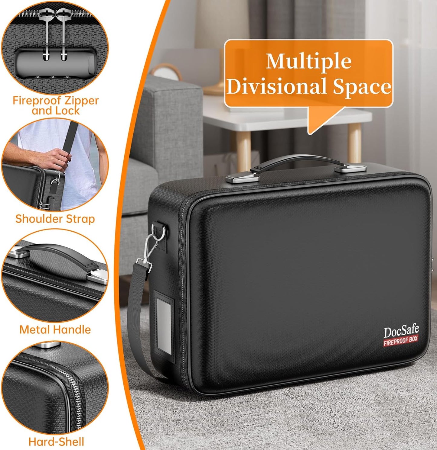 DocSafe Fireproof File Organizer with Lock, Hard-Shell Case Fireproof Document Box with 13 Pocket Accordion File Folder, Portable Home Office Travel Safe Storage for Important Documents Laptop Black