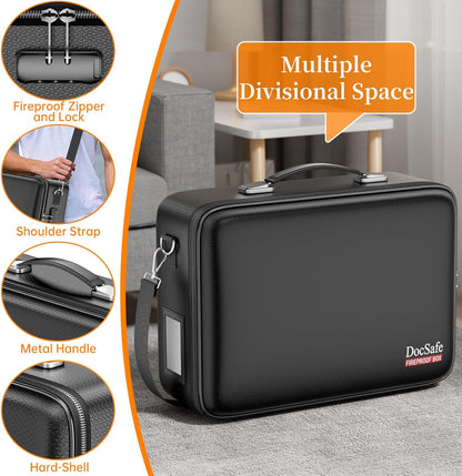 DocSafe Fireproof File Organizer with Lock, Hard-Shell Case Fireproof Document Box with 13 Pocket Accordion File Folder, Portable Home Office Travel Safe Storage for Important Documents Laptop Black