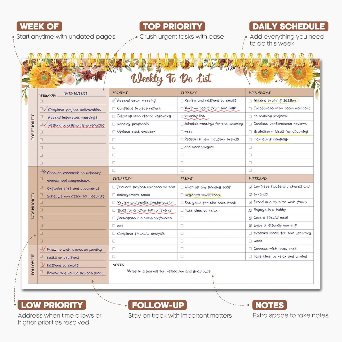 Taja Weekly To Do List Notepad with 52 Undated Sheets（8.5"×11"）- Weekly Desk Planner for Women & Man, Work and Home -1 Pack Violet Dream