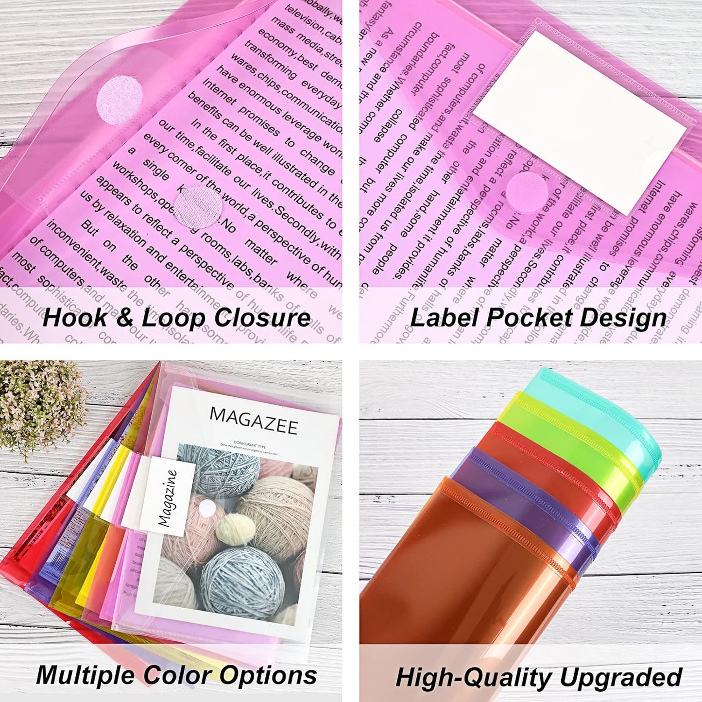 EOOUT 30 Pack 10 Color Plastic Envelopes Poly Envelopes, Hook & Loop Closure File Folders Clear Document Folders File Envelopes with Label Pocket A4 Size
