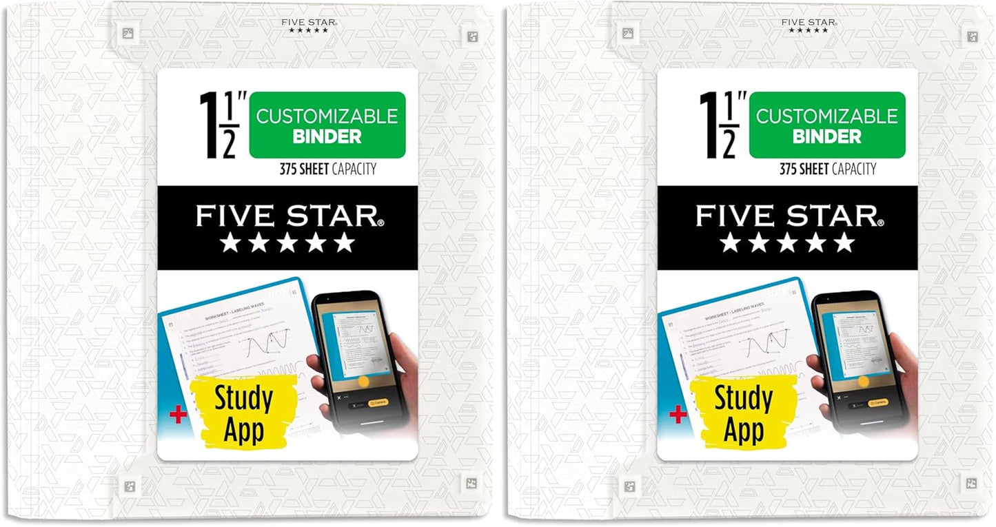 Five Star 3-Ring Binder + Study App, 1-1/2 Inch Binder with D Rings and Customizable Clear View Cover, 375 Sheet Capacity, White (261460A-ECM)
