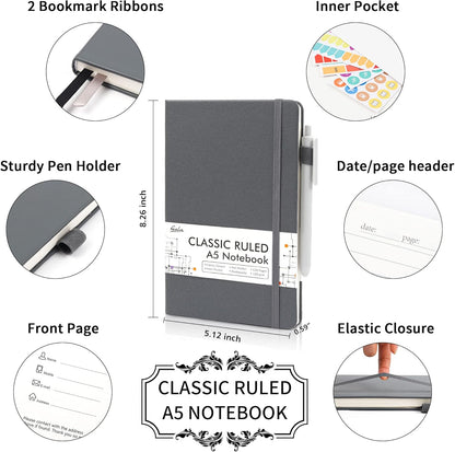 feela College Ruled Notebooks, 24 Pack Business Notebook Hardcover Lined Writing Journal with Pen Holder for Men Women Note Taking, with 24 Black Pens, 120 GSM, 5.1”x8.3”, A5, White