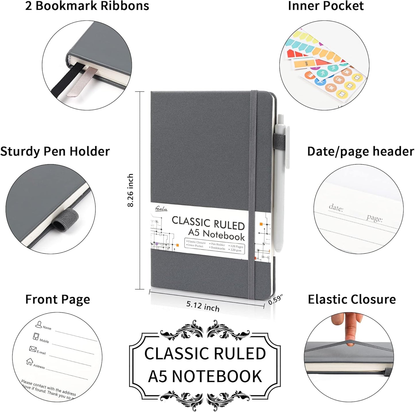 feela 18 Pack Journal Notebook for Work, Business Notebook Bulk Hardcover Lined Writing Journal with Pen Holder for Men Women Note Taking, with 18 Black Pens, 120 GSM, 5.1”x8.3”, A5, Black