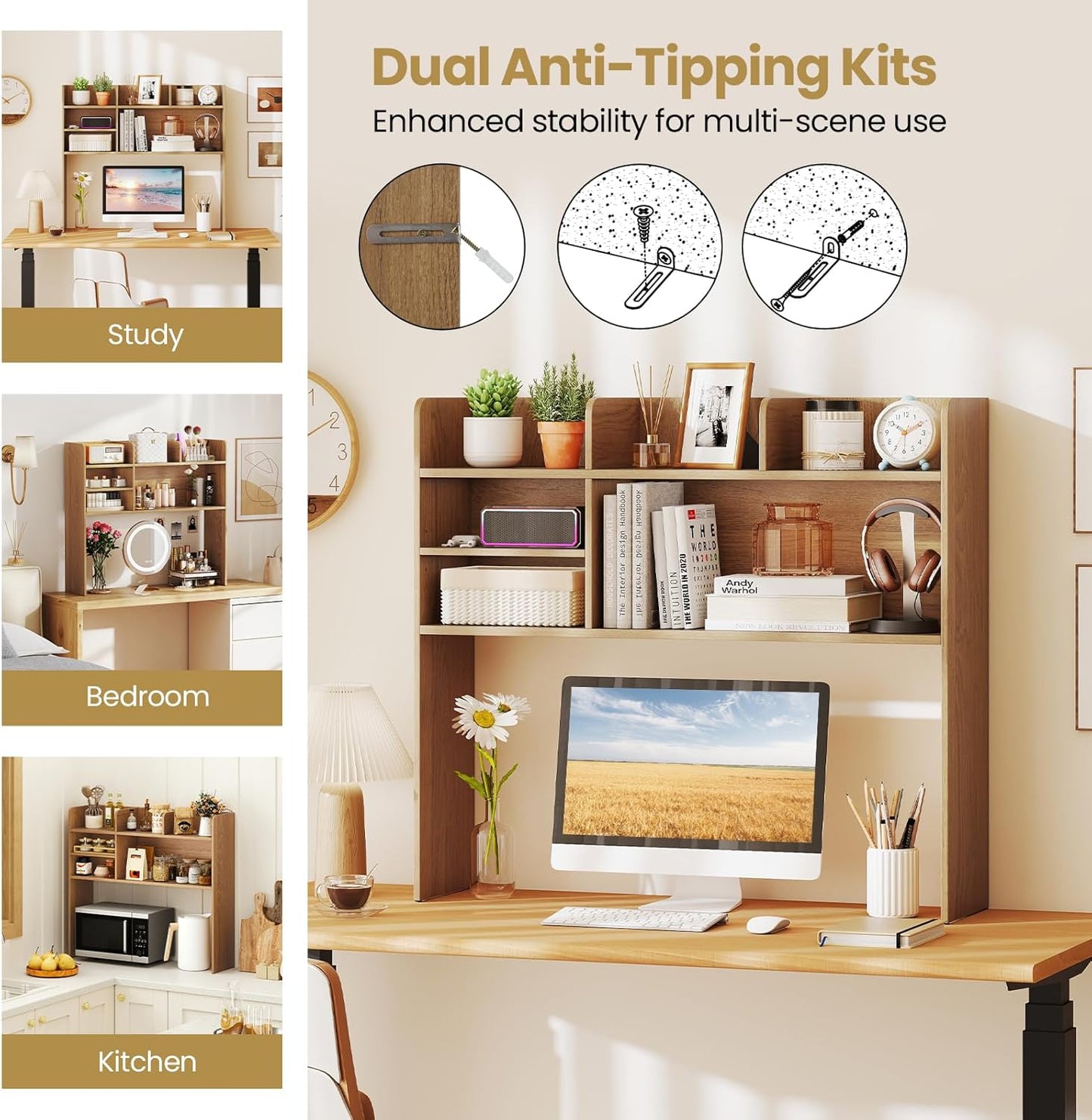 Tangkula Desktop Bookshelf, Countertop Storage Hutch with 5 Shelves for Computer Desk, Desk 3-Tier Display Rack, Multipurpose Wood Desktop Hutch Storage Organizer for Dorm Office Home
