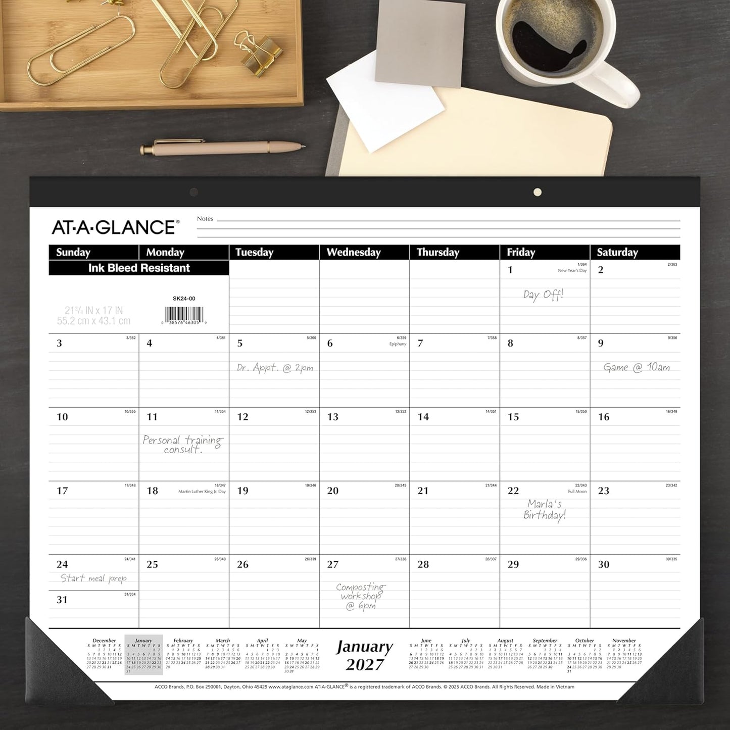 AT-A-GLANCE 2026 Desk Calendar, Desk Pad, Monthly, 21-3/4" x 17", Large, Ruled Blocks, 3 Pack (AZSK240026), White