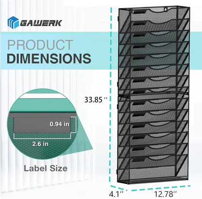 Gawerk 10-Tier Wall File Organizer Hanging Wall File Holder Wall Mount Paper Folder Organize, Mesh Magazine Document Mail Organizer Wall Organizer for Office School Home, Black
