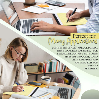 Yellow Legal Notepads 5x8, Pack of 6 - legal Ruled Writing Pad. Perforated Edge. Canary Yellow, Universal, Junior Size, 50 sheets per Pad. By Enday