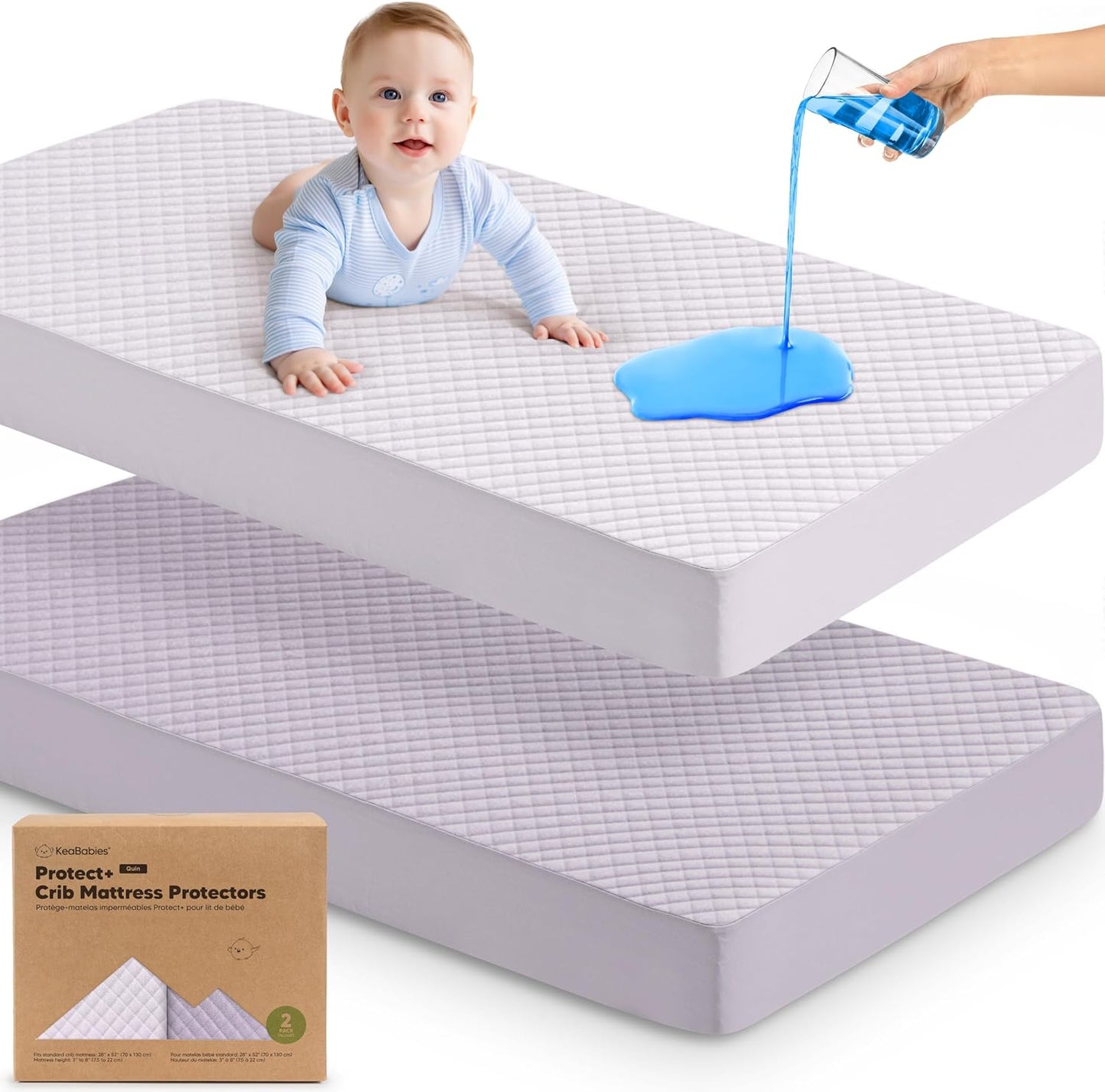 2-Pack Waterproof Crib Mattress Protector Cover Fitted - Quiet Baby Crib Mattress Pad Sheets, 52" x 28" Soft Quilted Cotton Baby Sheet, Machine Washable, Easy Fit, Durable (Soft White/Mavy)