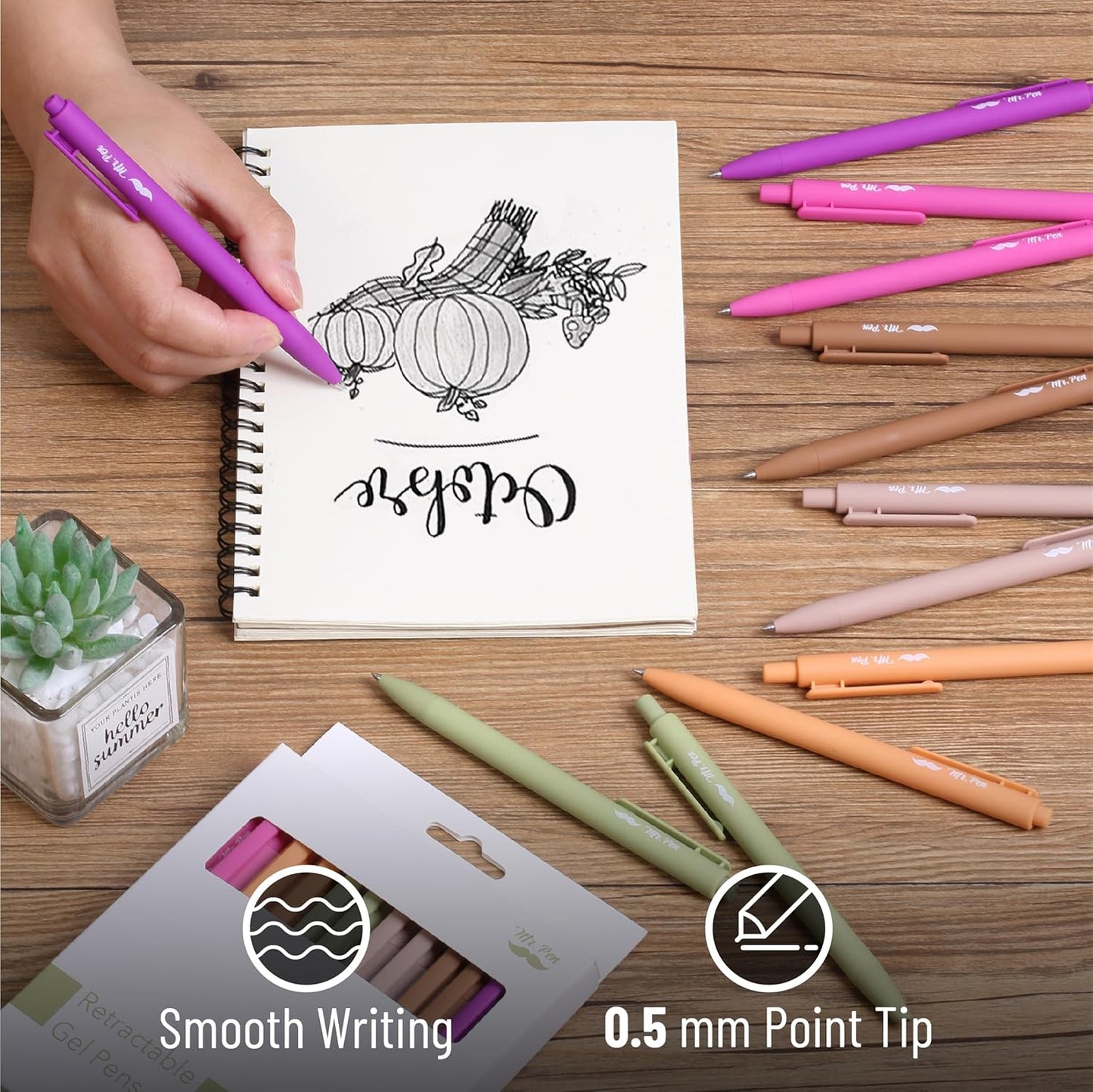 Mr. Pen- Retractable Gel Pens, 12 Pack, Colorful Ink, Fine Point 0.7mm, Fast Dry, Smooth Writing, Cute Pens for Drawing, Writing Planner and School Supplies