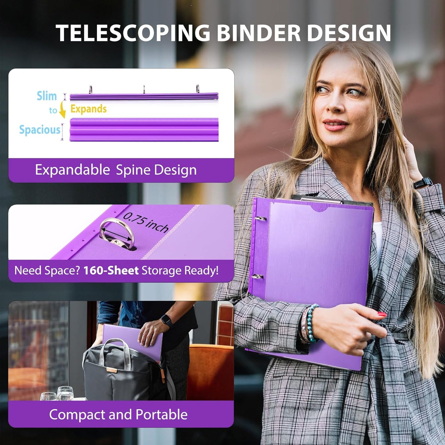 WOT I 1 Inch Telescoping 3 Ring Binder 4 Pack, Expandable Flexible Binder with Customizable Front Cover & Clear Catalog Pocket, Holds 225 Sheets, School Office Supplies, White