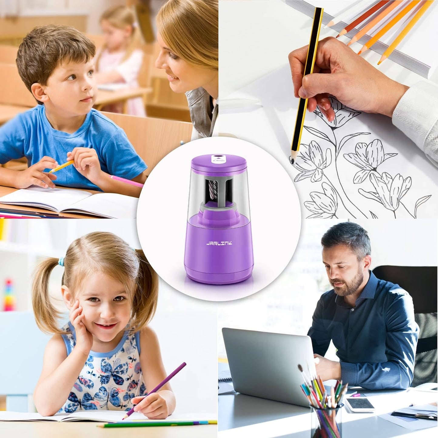 JARLINK Electric Pencil Sharpener, Heavy-Duty Helical Blade to Fast Sharpen, Auto Stop for No.2/Colored Pencils(6-8mm), AC Adapter/Battery Operated in School Classroom/Office/Home (Black)