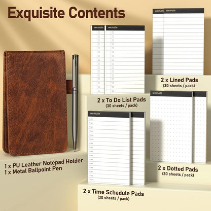 WEMATE 10 Pieces Small Notepad Holder Set Pocket Notebook - Included Mini Pocket Notepad Holder Set with 8 Memo Book Refills and Metal Pen for Meetings, Daily Records, and Notes 3 x 5 Inch (Black)