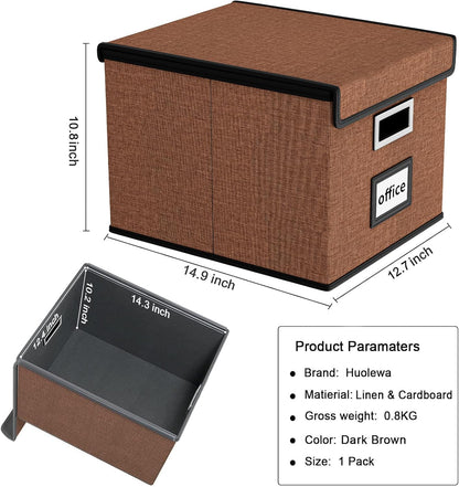 Huolewa Upgraded Portable File Organizer Box with Lid, Collapsible Linen Hanging Filing Storage Boxes with Plastic Slides, Decorative Home/Office Filing System Box for File and Folders Storage (Gray)