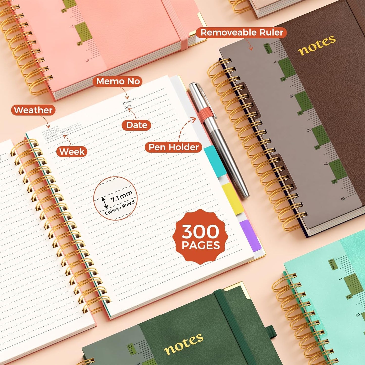 Line Hardcover Spiral Notebook with Removable Dividers Tabs & Ruler, 5 Subject Notebook College Ruled, 300 Page, Large 8"x10" B5 Notebooks for Work School, Lined Journal for Women & Men, Purple